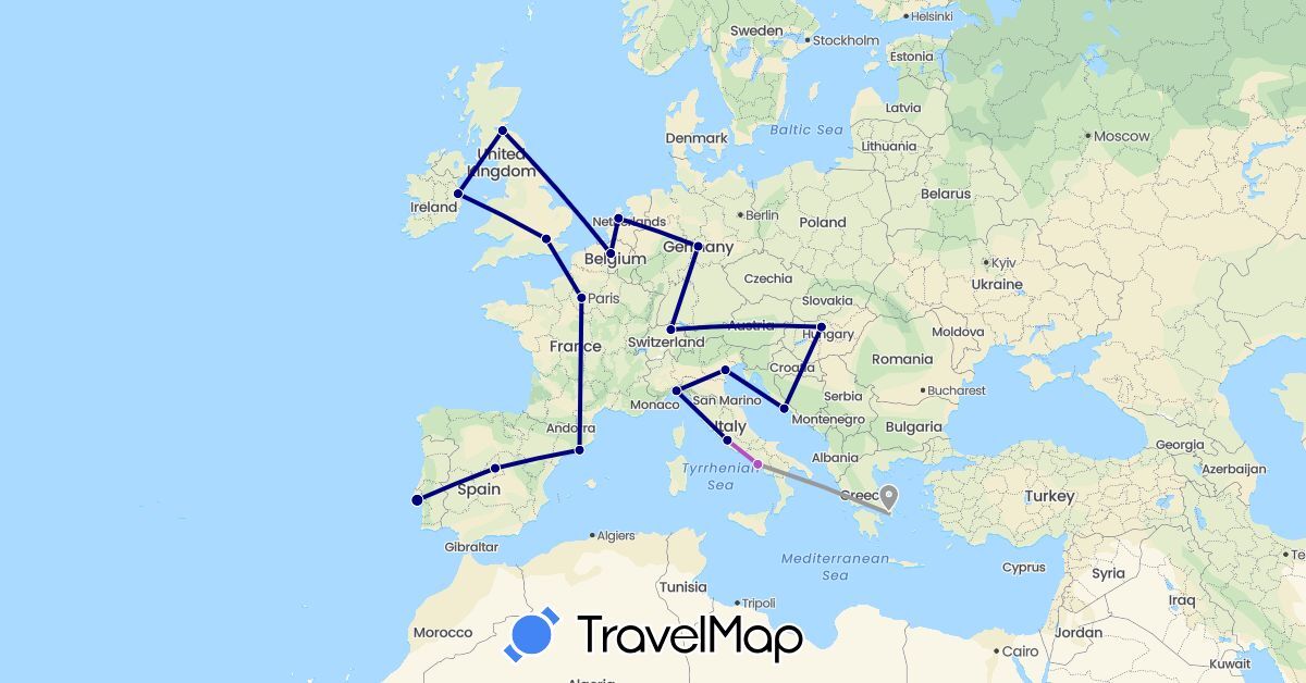 TravelMap itinerary: driving, plane, train in Switzerland, Germany, Spain, France, United Kingdom, Greece, Croatia, Hungary, Ireland, Italy, Netherlands, Portugal (Europe)